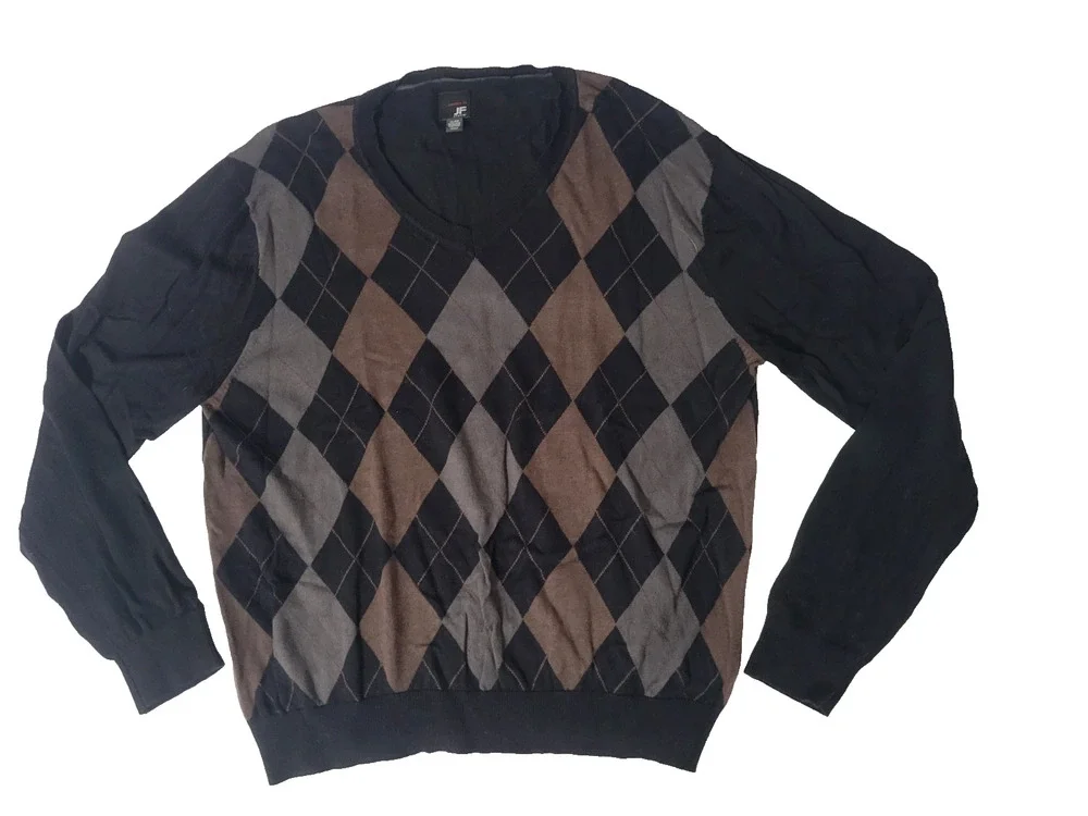 J Ferrar Mens XL Black Gray Brown Argyle V Neck Sweater Modern Fit Pullover